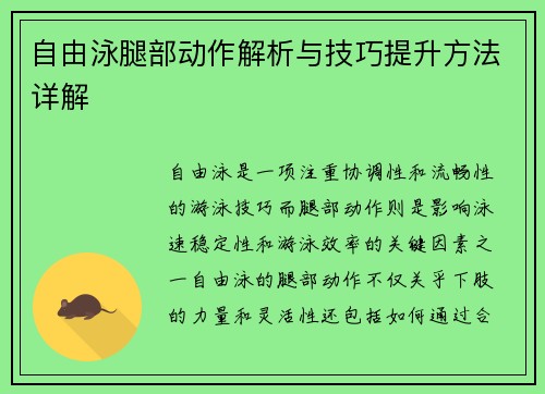 自由泳腿部动作解析与技巧提升方法详解